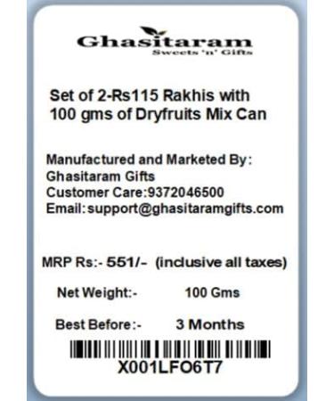 Ghasitaram Gifts Rakhi for Brother Rakhis Online - Set of 2-Rs115 Rakhis with 100 GMS of Dryfruits Mix Can Rakhi with 100 gms of Dryfruits Mix Can - Buy Online on GoSupps.com
