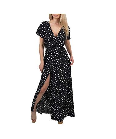 Hemlock Long Dresses, Women V Neck Short Sleeve Dress Printed Summer Maxi Dress Plus Size Split Beach Dresses XX-Large Black