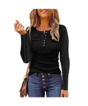 Long Sleeve Shirts for Women Fitted, Women's Long Sleeve Tops Casual Fall Henley Shirts Slim Fit Blouses Ribbed Knit T Shirts X-Large Black