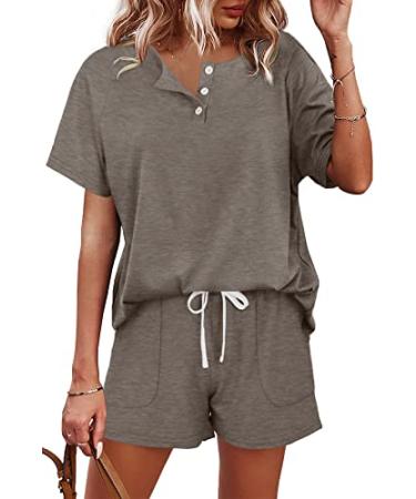 WIHOLL Two Piece Outfits for Women Lounge Sets Button Down Top and Shorts Set Sweatsuits with Pockets Medium Short Sleeve - Khaki
