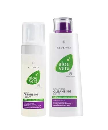 LR Health&Beauty Aloe-Via Aloe Vera Gentle Cleansing Foam and Balancing Milk Set of 2 for Face Day Care 150 ml./6.7 oz 200 ml./6.7 fl.oz. Best Gift Kit
