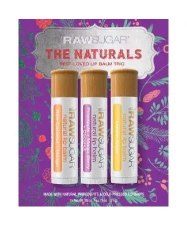 Raw Sugar The Naturals Best Loved Lip Balm Trio Gift Set Including Lemon Sugar, Pineapple + Maqui Berry + Coconut and Raw Coconut + Mango Lip Balms