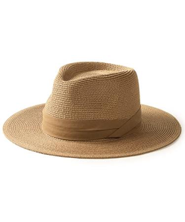 FURTALK Panama Hat Sun Hats for Women Men Wide Brim Fedora Straw Beach Hat UV UPF 50 Brown Medium-Large