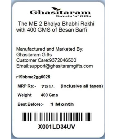 Ghasitaram Gifts Rakhis Online - Rakhi for Brother- The ME 2 Bhaiya Bhabhi Rakhi with 400 GMS of Besan Barfi Rakhi Set with 400 gms of Besan Barfi - Buy Online on GoSupps.com
