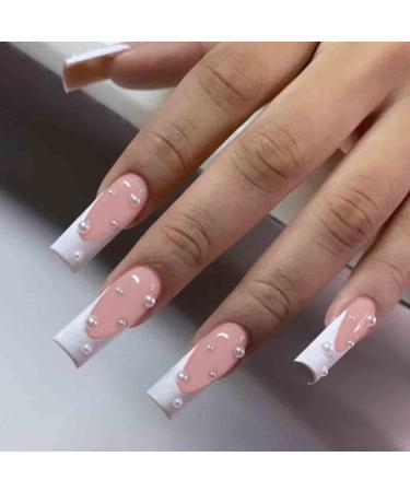 Enppode French Tip Press on Nails Long Fake Nails Square Acrylic Nails with Pearls White Nails for Women