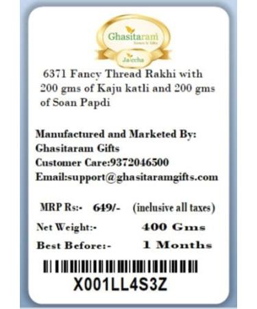 Ghasitaram Gifts Rakhi for Brother Rakhis Online - 6371 Fancy Thread Rakhi with 200 GMS of Kaju katli and 200 GMS of Soan Papdi Rakhi with 200 gms of Kaju katli and Soan Papdi - Buy Online on GoSupps.com