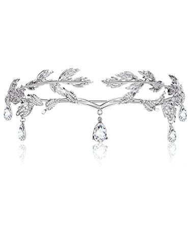 sailimue Rhinestone Leaf Wedding Fairy Crown Headband for Brides Bridesmaid Forehead Crystal Pendant Tiara Headpiece for Prom B:Silver tone