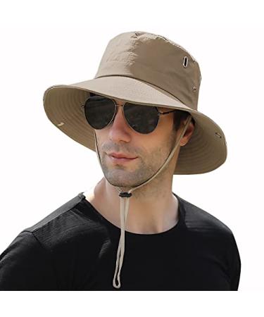 Muryobao Men Sun Hat Summer Wide Brim UPF 50+ Breathable Boonie Hats Waterproof Foldable Safari Cap Khaki