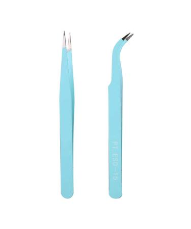 Stainless Steel Nail Art Tweezers Anti Static Straight Curved Head Accurate Manicure Picking Rhinestone Metal Accessory Pick Up Durable and Exquisite (Blue)