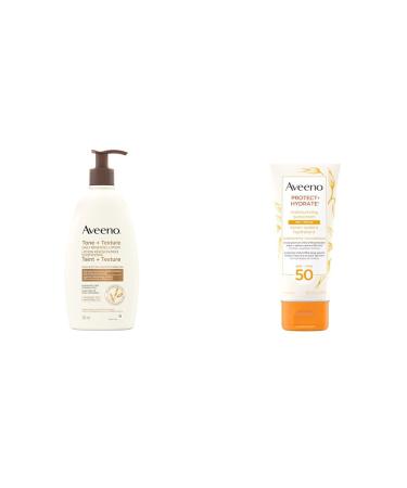 Aveeno Tone and Texture Daily Renewing Lotion Fragrance-Free Dry Skin & Keratosis Pilaris & Sun Aveeno Protect & Hydrate Moisturizing Sunscreen SPF 50 Oxybenzone free 88 mL Skin Moisturizer + Sunscreen SPF 50 88 mL