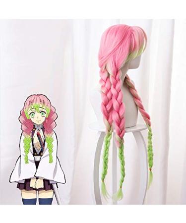 Kanroji Mitsuri Cosplay Wig - Demon Slayer Kimetsu no Yaiba Long Gradient Pink Green Ponytail with 3 Braids + Wig Cap - Buy Online on GoSupps.com