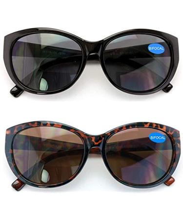 V.W.E. 2 Pairs Women Bifocal Reading Sunglasses Reader Glasses Cateye Vintage Jackie Oval 1 Black 1 Tortoise 2.0 x
