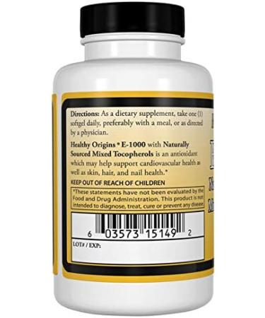Healthy Origins Vitamin E 1000 IU - Natural Mixed Toco Gels, 60 Softgels for Optimal Health - Buy Online on GoSupps.com