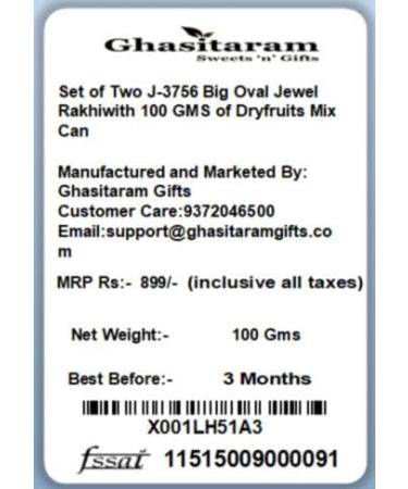 Ghasitaram Gifts Rakhis Online Set of Two J-3756 Big Oval Jewel Rakhiwith 100 GMS of Dryfruits Mix Can 2 Rakhi with 100 gms of Dryfruits Mix Can - Buy Online on GoSupps.com