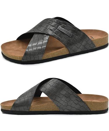 COFACE Men's Leather Flat Sandals Fashion Cork Sandals for Men Beach Slides Sandals with Arch Support 7.5 Grey Without Logo