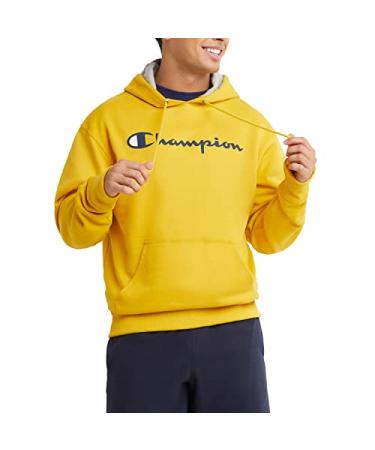 Champion Men's Powerblend Fleece Hoodie, Hooded Sweatshirt For Men, Script (Reg. or Big & Tall) Standard Large Forsythia Script