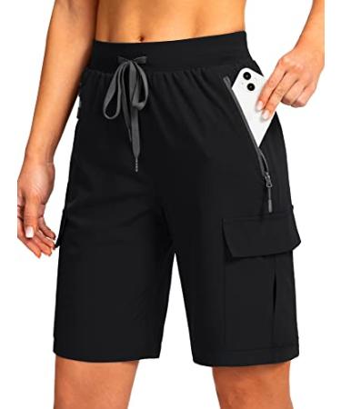 Soothfeel Women's 9" Hiking Cargo Shorts with 5 Pockets Quick Dry Summer Athletic Golf Bermuda Long Shorts for Women Casual Black XX-Large