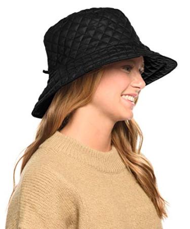 Foldable Water Repellent Quilted Rain Hat w/Adjustable Drawstring, Bucket Cap Black