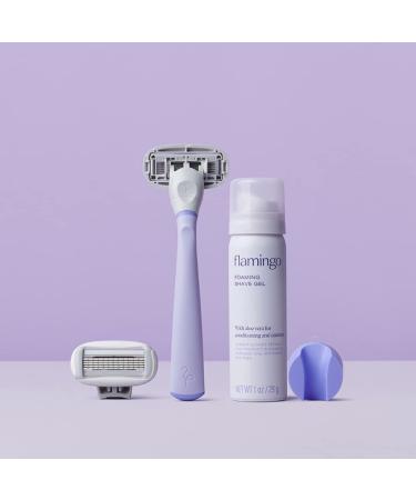 Flamingo Razor Women Shave Set with 1 Razor Handle, 2 Five-Blade Cartridges, 1 Foaming Shave Gel (1oz), Shower Holder (Lilac)