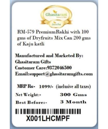Ghasitaram Gifts Rakhi for Brother Rakhis Online - RM-579 PremiumRakhi with 100 GMS of Dryfruits Mix Can 200 GMS of Kaju katli Rakhi & 100g Dryfruits Mix Can 200g Kaju katli - Buy Online on GoSupps.com