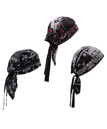 Elephant Brand Skull Caps  100% Cotton in Patterned and Plain Colors, Pack of 3 Biker 2