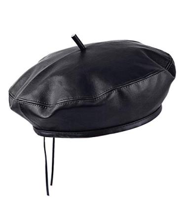 Samtree Classic PU Leather French Beret Hat for Women, Adjustable Solid Color Artist Painter Cap 1-black 1