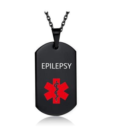 EPILEPSY Medical Alert ID Necklace for Men Black Stainless Steel Emergency Medical Alert Jewelry Dog Tag Necklace Women