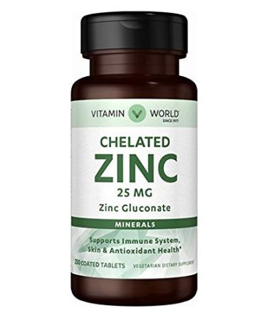 Vitamin World Zinc Chelated 25mg zin gluconate Minerals 250 Coated Tablets