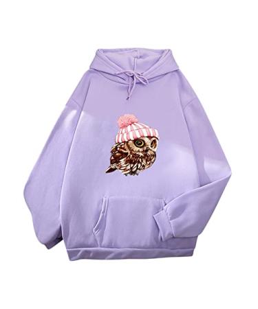 full zip hoodie outwear Women's Cute Sweatshirt Kawaii Long Sleeve Hoodie Animal Owl Print black sweatshirt Purple XX-Large