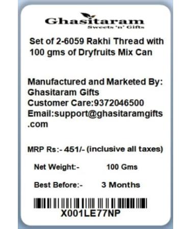 Ghasitaram Gifts Rakhis Online for Brother- Set of 2-6059 Rakhi Thread with 100 GMS of Dryfruits Mix Can 2 Rakhi with 100 gms of Dryfruits Mix Can - Buy Online on GoSupps.com