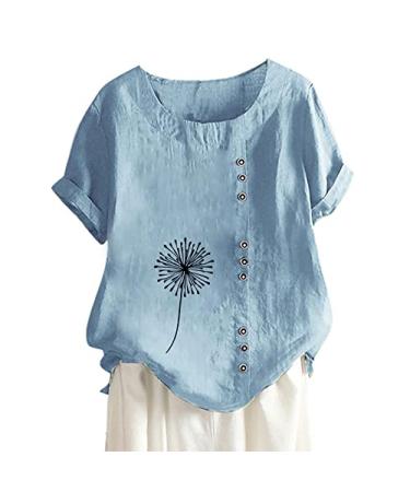 Ganfancp Women's Button T Shirt Summer Crewneck Short Sleeve Cotton Linen Top Independence Day US Flag Print Loose Blouse Blue-26 XX-Large