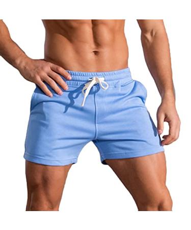 Nzwiluns Athletic Shorts for Men Bodybuilding Workout Shorts Soft Cotton Gym Running Exercise Training Drawstring Sport Short Medium Blue