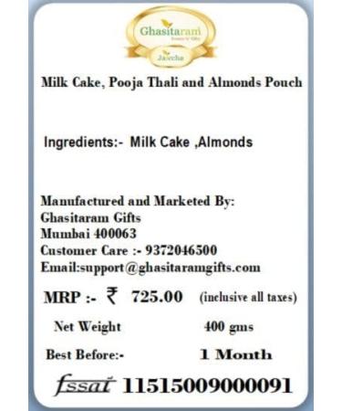 Ghasitaram Gifts Bhaidooj Gifts Bhaidooj Sweet - Milk Cake Pooja Thali and Almonds Pouch - Buy Online on GoSupps.com