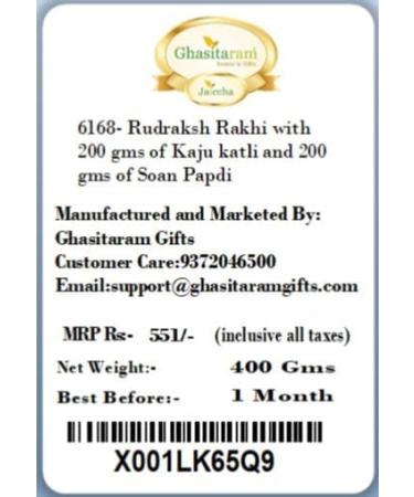 Ghasitaram Gifts Rakhi for Brother Rakhis Online 6168- Rudraksh Rakhi with 100 GMS of Dryfruits Mix Can 200 GMS of Kaju katli Rakhi & 100g Dryfruits Mix Can 200g Kaju katli - Buy Online on GoSupps.com