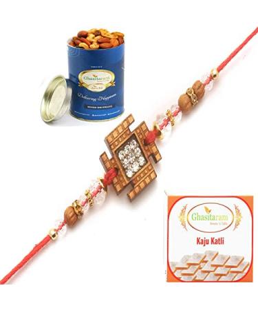 Ghasitaram Gifts Rakhi for Brother Rakhis Online - V0009 Diamond Rakhi with 100 GMS of Dryfruits Mix Can 200 GMS of Kaju katli Rakhi & 100g Dryfruits Mix Can 200g Kaju katli
