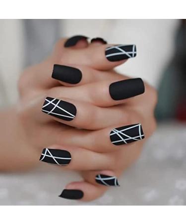 A N K 24 pieces Black false Nails medium length full coverage Glossy fake Artificial nails (Black Strip nail) Striped - Buy Online on GoSupps.com