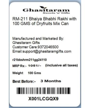 Ghasitaram Gifts Rakhis Online - Rakhi for Brother- RM-211 Bhaiya Bhabhi Rakhi with 100 GMS of Dryfruits Mix Can Rakhi Set with 100 gms of Dryfruits Mix Can - Buy Online on GoSupps.com