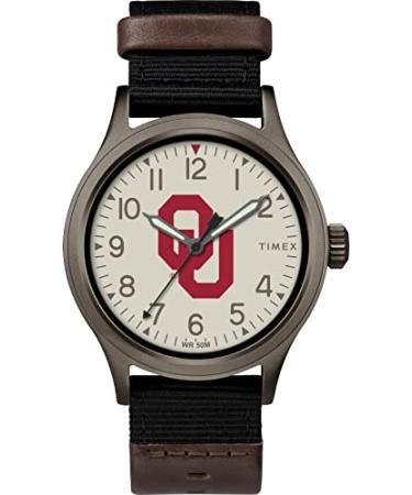 Timex Men's Collegiate Clutch 40mm Watch  Alabama Crimson Tide with Black Fabric & Brown Leather Strap Oklahoma Sooners
