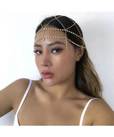 Urieo Rhinestone Headpiece Cap Gold Tassel Head Chain Roaring 1920s Hair Accessories Belly Dance for Women