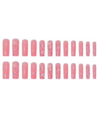 Foccna Pink 3D Flower Press on Nails - 24pcs Long Square Bling Rhinestone Fake Nails for Women and Girls - Buy Online on GoSupps.com