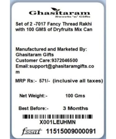 Ghasitaram Gifts Rakhi for Brother Rakhis Online-Set of 2-7017 Fancy Thread Rakhi with 100 GMS of Dryfruits Mix Can - Buy Online on GoSupps.com