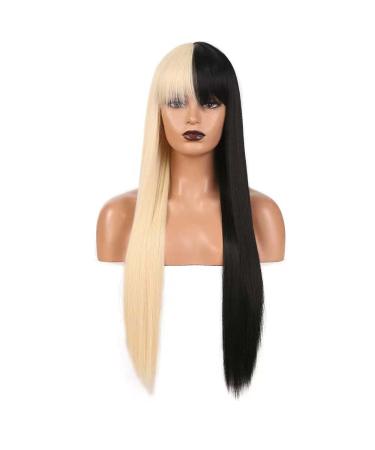 RONGDUOYI Half Black Half Blonde 24 Inch Wig with Bangs - Silky Straight Synthetic Fashion Wig for Women and Girls - Ideal for Cosplay and Costume Parties - Buy Online on GoSupps.com