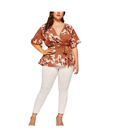 Women's Plus Size Tops V Neck Wrap Short Sleeve Blouse with Waist Belt Casual Loose Tee T-Shirt Tunics Large Pink