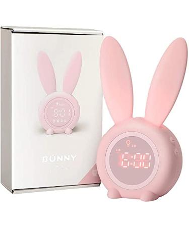 Baby kids light alarm clock rabbits alarm clock rabbit alarm clock wake up light bedside lamp slumbering function 6 loud noises time -controlled night light gift for baby children girls pink