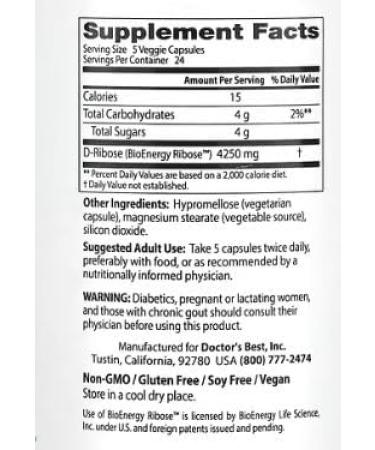 Doctor's Best D-Ribose 850mg - 120 Vegetable Capsules | Natural Energy | Cardiovascular Support - Buy Online on GoSupps.com