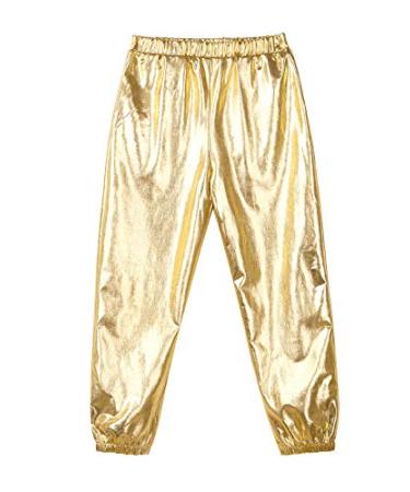 MSemis Kids Girls Boys Metallic Harem Dance Pants Loose Fit for Modern Hip Hop Street Dancewear Slim Gold 16