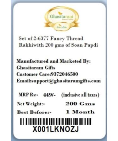 Ghasitaram Gifts Rakhi for Brother Rakhis Online - Set of 2-6377 Fancy Thread Rakhiwith 200 GMS of Soan Papdi - Buy Online on GoSupps.com