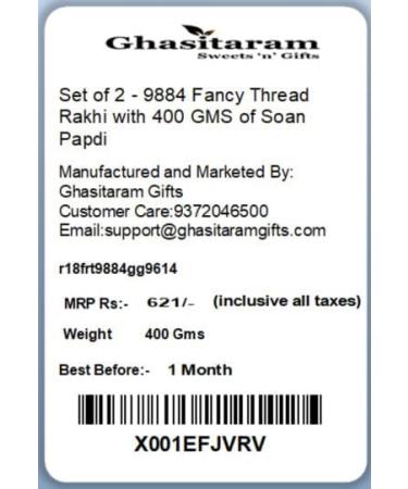 Ghasitaram Gifts Rakhi for Brother Rakhis Online-Set of 2-9884 Fancy Thread Rakhi with 400 GMS of Soan Papdi - Buy Online on GoSupps.com