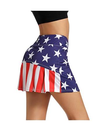 Ibeauti Womens Back Pleated Athletic Tennis Skorts Golf Skirts with 3 Pockets Mesh Shorts for Running Active Workout Usa Flag Medium