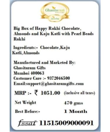 Ghasitaram Gifts Rakhi Gifts for Brothers Rakhi Sweets - Big Box of Happy Rakhi Chocolate Almonds and Kaju Katli with Pearl Beads Rakhi Big Box of Chocolate Almonds Kaju Katli with Rakhi - Buy Online on GoSupps.com
